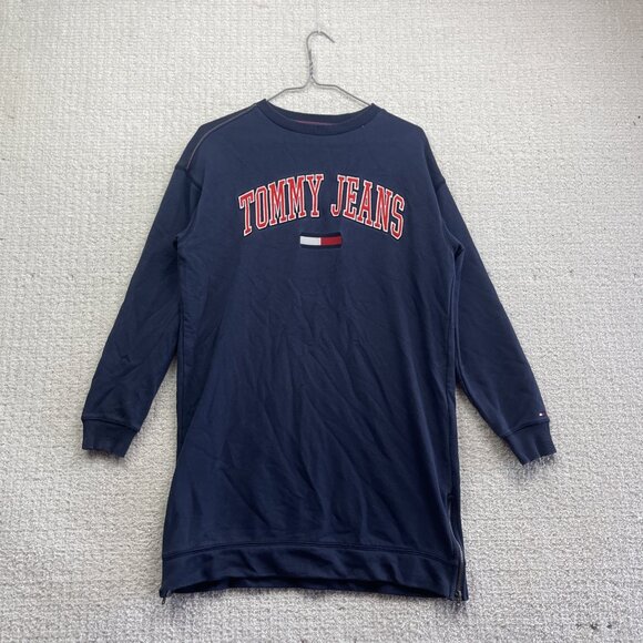 Y2K Tommy Hilfiger Jeans Blue Sweatshirt Dress Jumper Oversized Embroidered XXS - Picture 1 of 16